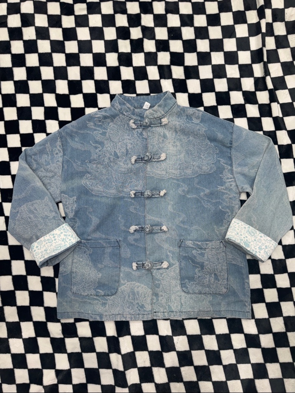 Blue Dragon-Pattern Denim Mandarin Jacket
